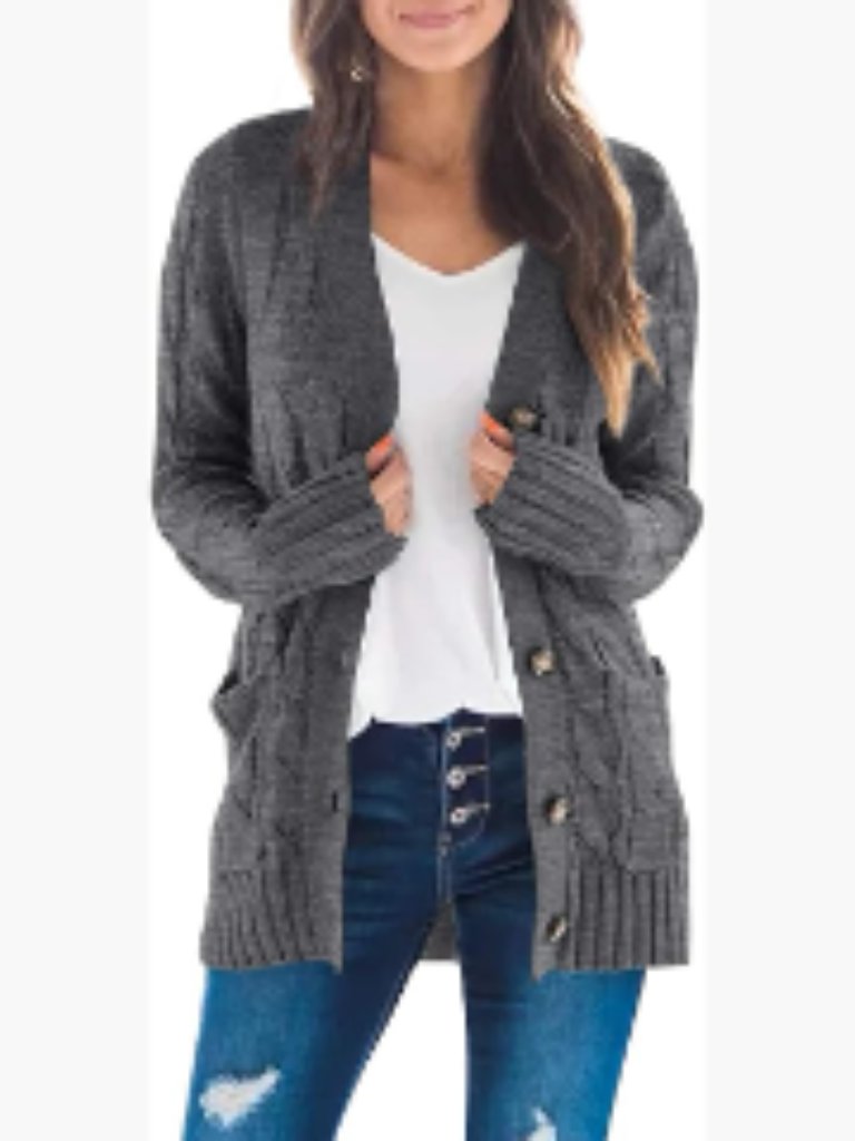 Button Down V-Neck Cable Knit Cardigan Sweater Lightweight